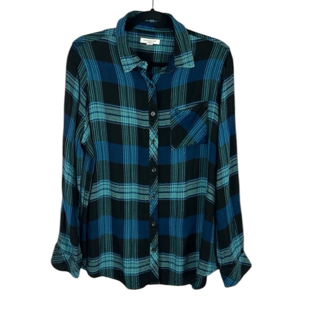 Beach lunch lounge Plaid Flannel Long Sleeve Button Down Shirt 1X Blue